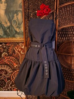 DKNY Black Bubble Hem Strapless Dress Belted Grommet Cocktail Party US 8 NWT